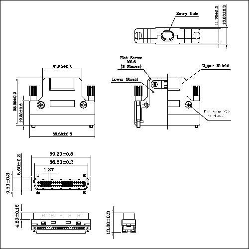 1.27mm Series Shielded Backshell Kits 50P Straight Exit With Jackscrew and Connector IDC Molded Ribbon Type HPMCS01CNI-50XX